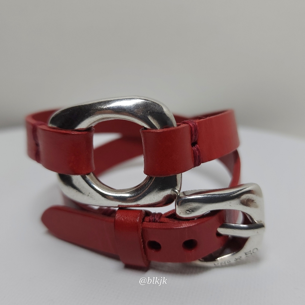 Uno de 50 Red Leather Wrap Bracelet With Silver Buckle Design  EUC